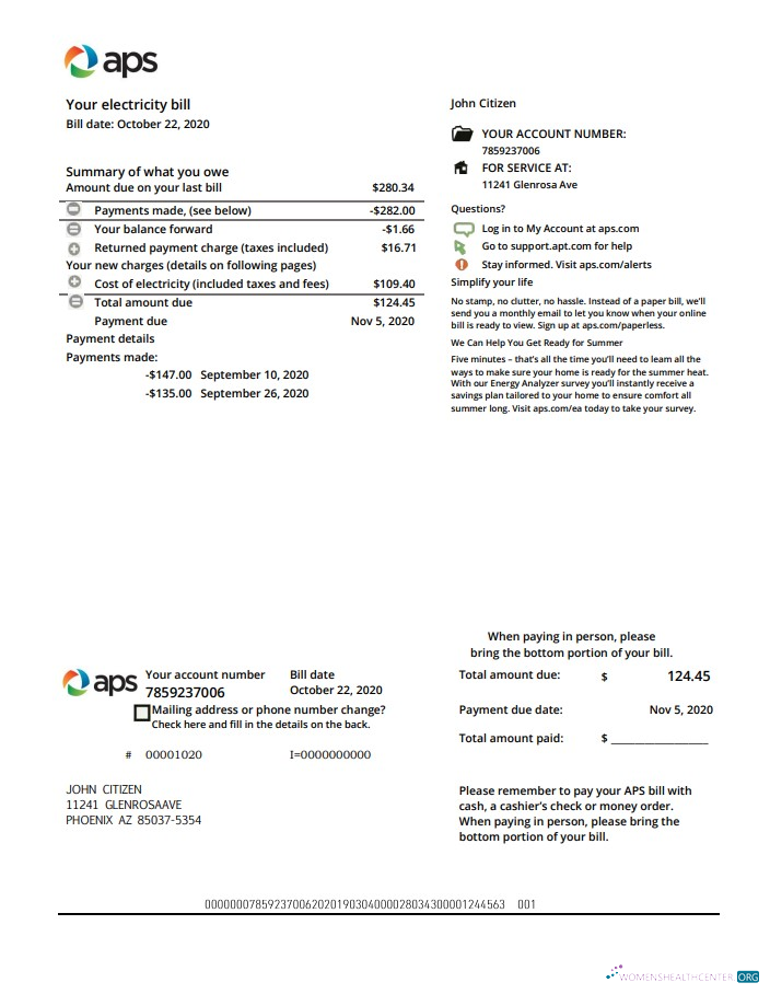 download USA Arizona APS electricity proof of address utility bill template in Word and PDF format PDF template